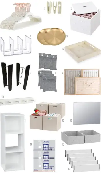 Moodboard av produkter som brukes til å organisere Ikea Pax-skap