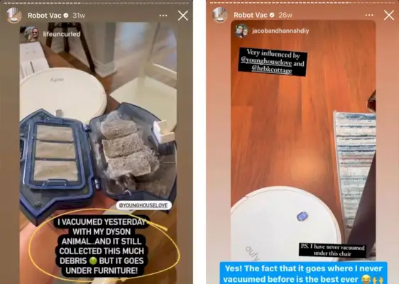 Skärmdumpar från Instagram Highlight Reel About Robot Vac