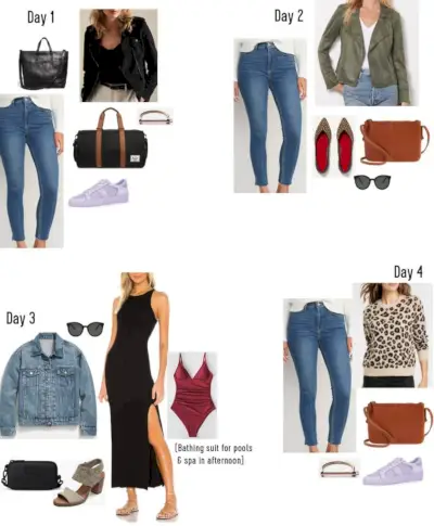 Grid of Day 1 til Dag 4 outfits med forskellige kombinationer af jeans toppe jakker sko og punge