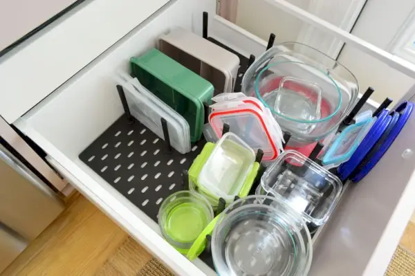 Organizador de gaveta para tupperware e recipiente de armazenamento de vidro