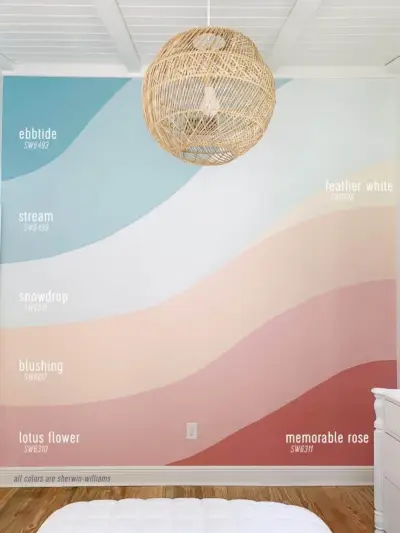 Abstraktes Wandbild an der Wand mit Farbfarben mit der Aufschrift „Sherwin Williams Ebbtide Stream Snowdrop Blushing Lotus Flower Feather White Memorable Rose“.