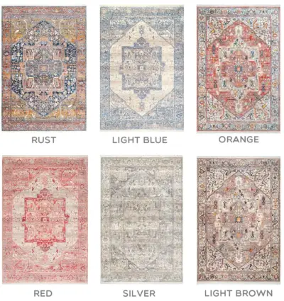 Colorways That nuLoom Medallion Rug är tillgänglig i | Rost | Ljusblå | Orange | Röd | Silver | Ljusbrun