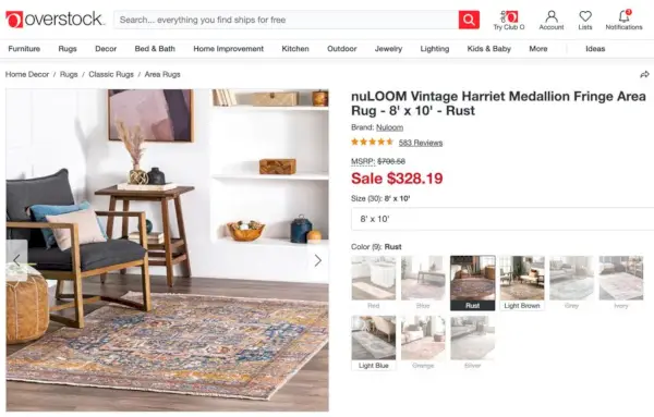 Screenshot des NuLoom Vintage Harriet Medallion Fringe Area Rug, der bei Overstock gelistet ist