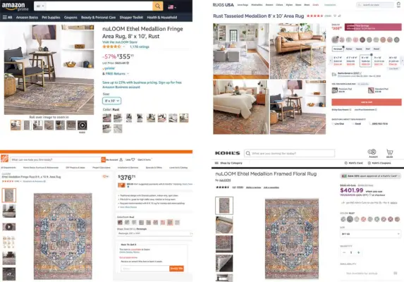 College of the same rug på ulike nettsteder under ulike navn | Amazon | RugsUSA | HomeDepot | Kohls