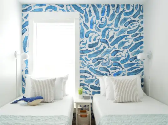 Papier peint mural amovible à décoller et à coller pour petite pièce avec baleine bleue