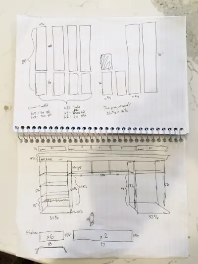 Szkic DIY wbudowanych półek na książki w notatniku