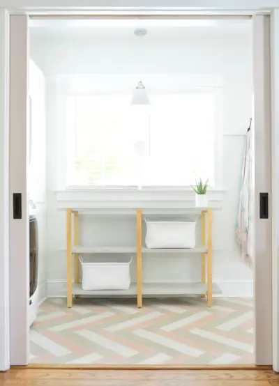 Duplex Mudroom Pantry Storage Open Ikea Shelf Pink Herringbone Floor