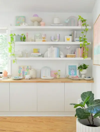 Bílé police Ikea Lack ve stylu Beachy Books a Butcher Block Counters