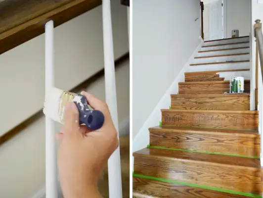 Côte à côte de peindre le balustre du garde-corps et la contremarche d'escalier en blanc