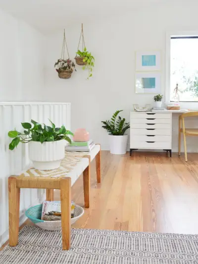 Varias plantas en las superficies del salón, incluidas las colgantes.