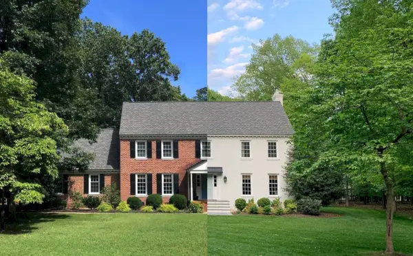 Divisão antes e depois da casa de tijolos pintada de branco