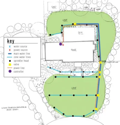 vanningssystem landskapsplan med nøkkelventil kraftledningskontroller