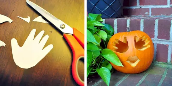 Halloween-Jack-O-Laterne-Idee mit Baby-Handabdruck-Schablone für Augen