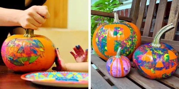 Idea di decorazione di zucca adatta ai bambini con pittura con le dita su stencil a nastro per pittori