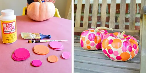 Decorazione di zucca adatta ai bambini con Mod Podge e punti di carta velina