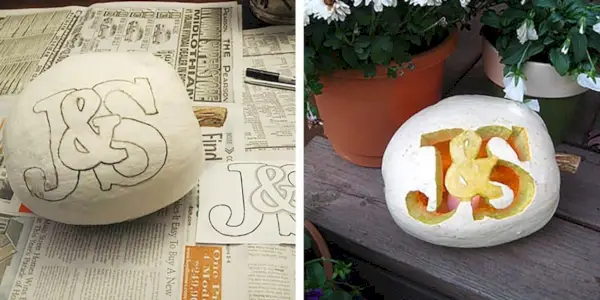 Stencil monogramma fatto in casa per un'idea romantica di intaglio di zucca