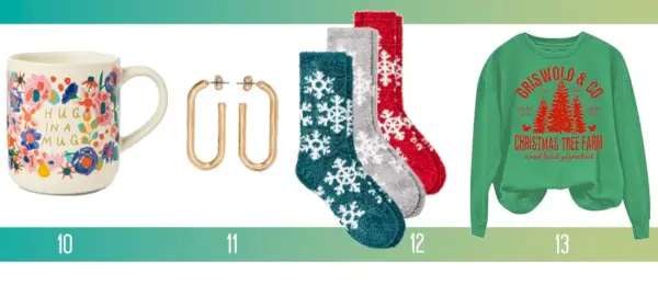 Ideas de regalos navideños asequibles Abrazo en una taza Pendientes dorados Calcetines acogedores Sudadera Griswold