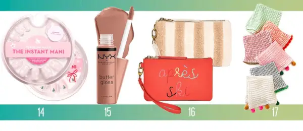 Erschwingliche Weihnachtsgeschenkideen Olive und June Press On Nails Butter Gloss Makeup Après-Ski-Clutch-Geschirrtuch-Set