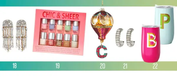 Erschwingliche Ideen für Weihnachtsgeschenke, Ohrringe, Nagellack-Set, Heißluftballon-Ornament, Becher mit Monogramm