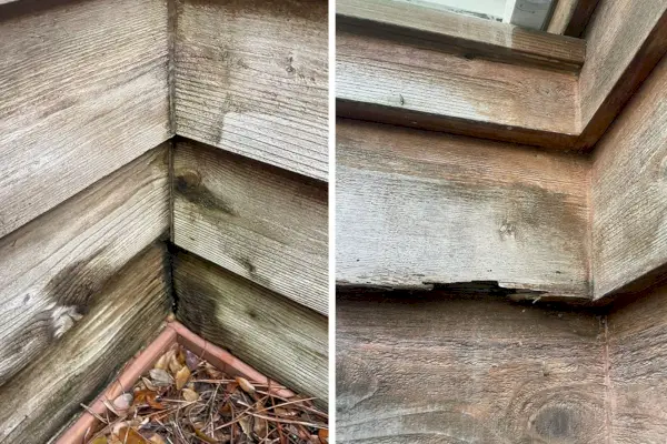 To eksempler på rotted Cedar Siding i utendørs dusj