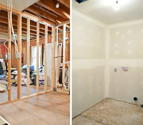 antes e depois de sala sem drywall e com drywall acabado