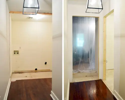 antes e depois lado a lado da antiga lavanderia e da nova porta de drywall