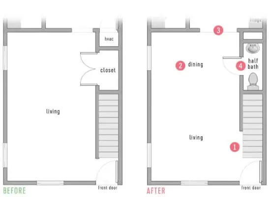 Maisonette-Grundriss, Wohnzimmer B und eine feste Tür im Erdgeschoss