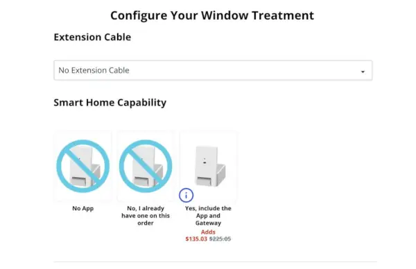 Screenshot van het bestelscherm voor slimme jaloezieën met Smart Home-configuraties