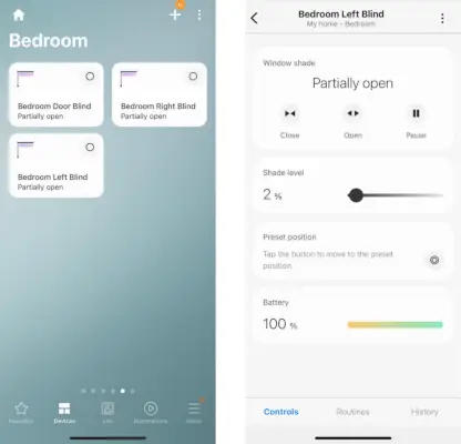 Interfaccia dell'app Samsung Smart Things per il controllo delle tende intelligenti