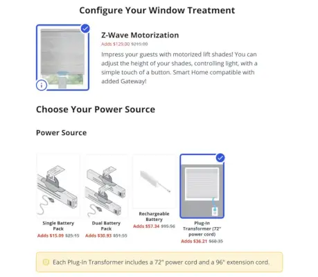 Bali Blinds 電源オプション付きスマート ブラインド注文フォームのスクリーンショット