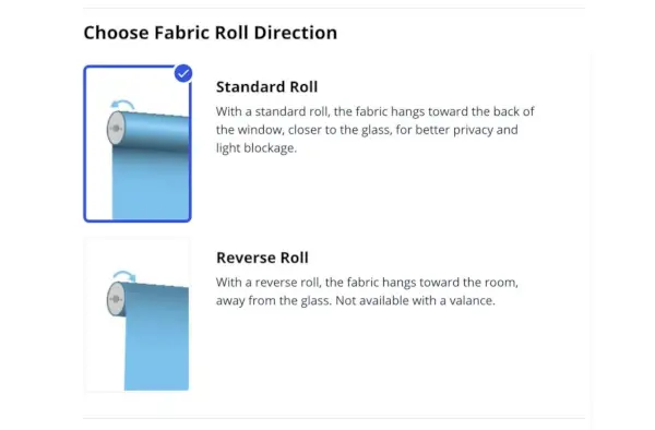 Screenshot del modulo d'ordine per tende a Bali con la scelta delle opzioni di direzione del rotolo di tessuto