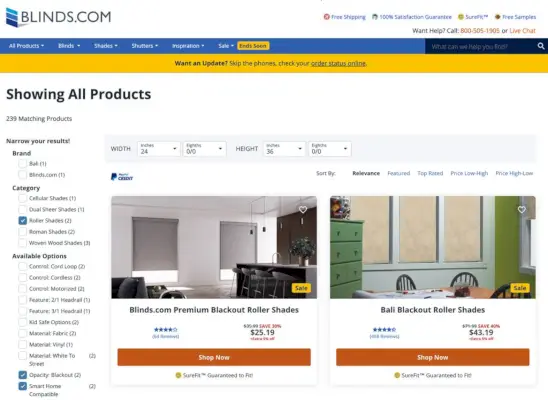 Screenshot dell'ordine Blinds Dot Com per tende a rullo oscuranti