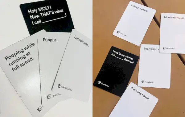 Beispielkarten der Cards Against Humanity Family Edition