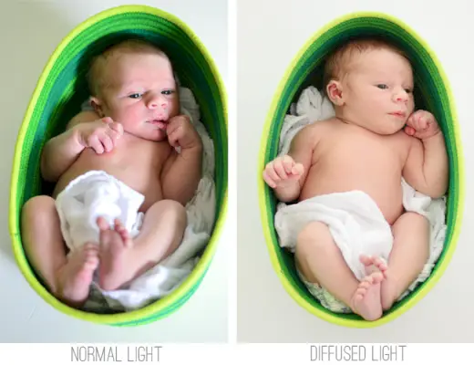 Comparação lado a lado de luz forte normal e luz difusa para fotos de recém-nascidos DIY