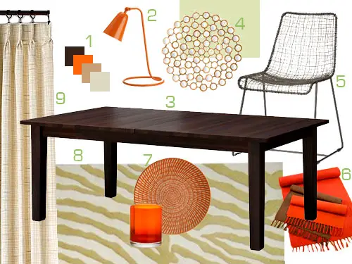 Ein Moodboard für das Esszimmer in Orange, Braun und Hellbraun