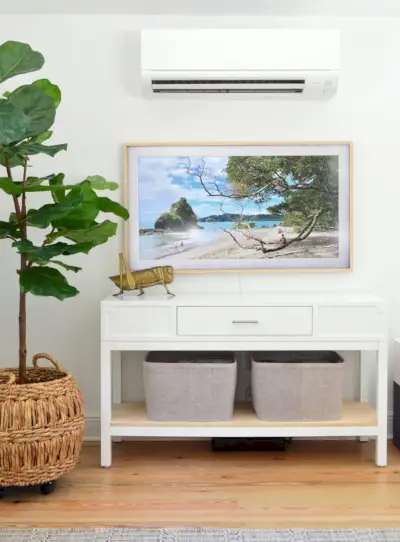 Samsung Frame TV Under Mini Split Med Faux Fig Tree