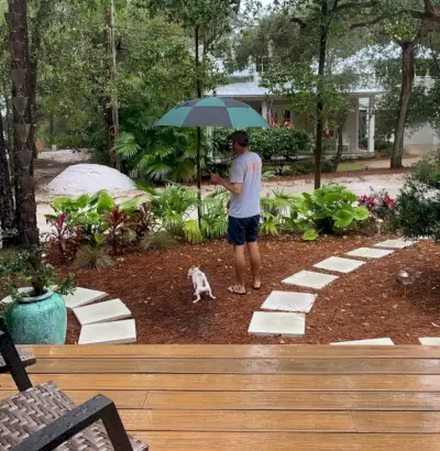 Perro hamburguesa orinando en el patio delantero con John sosteniendo un paraguas