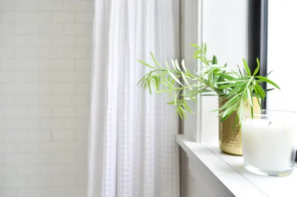 Lavabo de salle de bains avec plante dorée sur étagère de fenêtre près de la douche avec carrelage métro