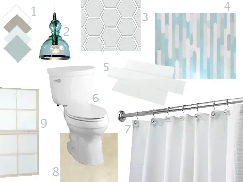 Moodboard per il rinnovamento del bagno, inclusa la nuova tenda da doccia leggera per WC