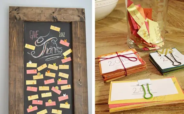 Tableau de Thanksgiving et pile de cartes de gratitude deThanks Jar