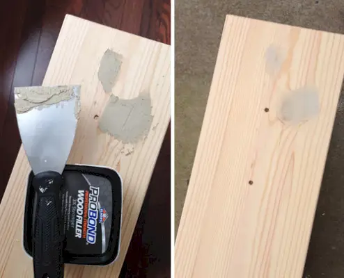 Applicazione di mastice per legno sui nodi del legno per coprirli