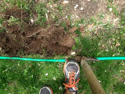 Couper l'herbe avec une pelle à bordure pour créer un lit de paillis dans la cour avant