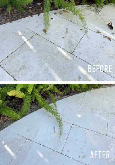 Lado a lado, antes y después de la piedra para patio de piscina lavada a presión