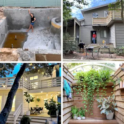 Grille de quatre images Piscine en construction Extérieur de la maison Peint Porche fini avec lumières et douche extérieure avec plantes