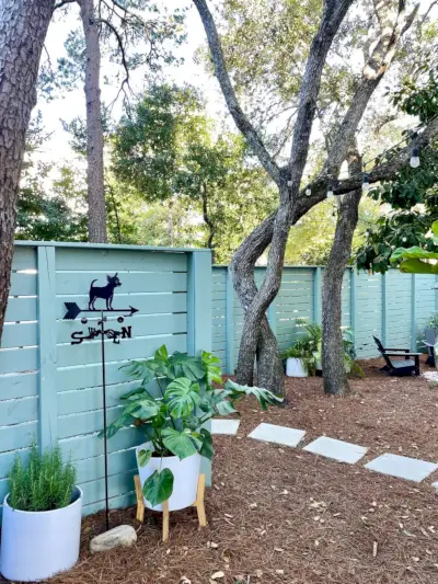 Après la photo d'une zone de foyer avec des plantes en pot de clôture verte et une girouette chihuahua