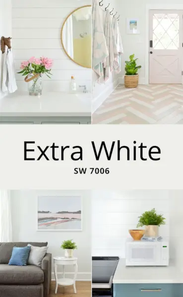 Sherwin Williams Extra White SW 7006 nuotraukų koliažas keliose erdvėse