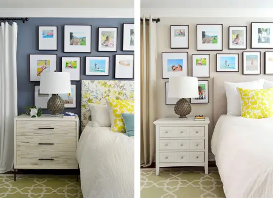 Antes e depois do quarto pintado de Benjamin Moore Black Pepper e Benjamin Moore Edgecomb Gray