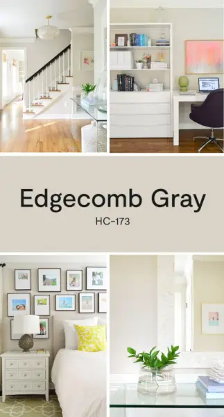 Koláž izieb s Benjaminom Mooreom Edgecomb Grey Paint