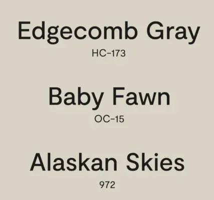 Benjamin Moore Edgecomb Grey Baby Fawn Alaska Skies alternatív nevei