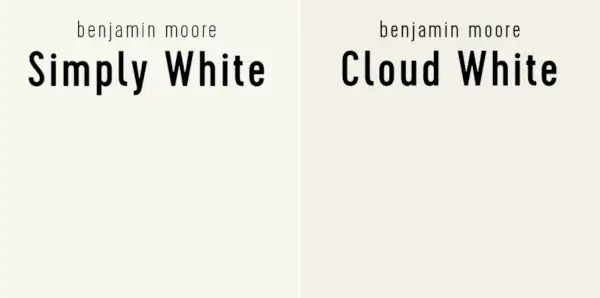 Benjaminas Moore'as „Simply White“ prieš „Cloud White“.